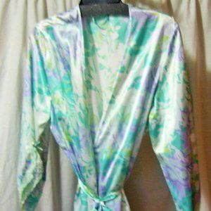 Floral Satin Short Kimono Robe Aqua White Lavender NWOT Size M/L